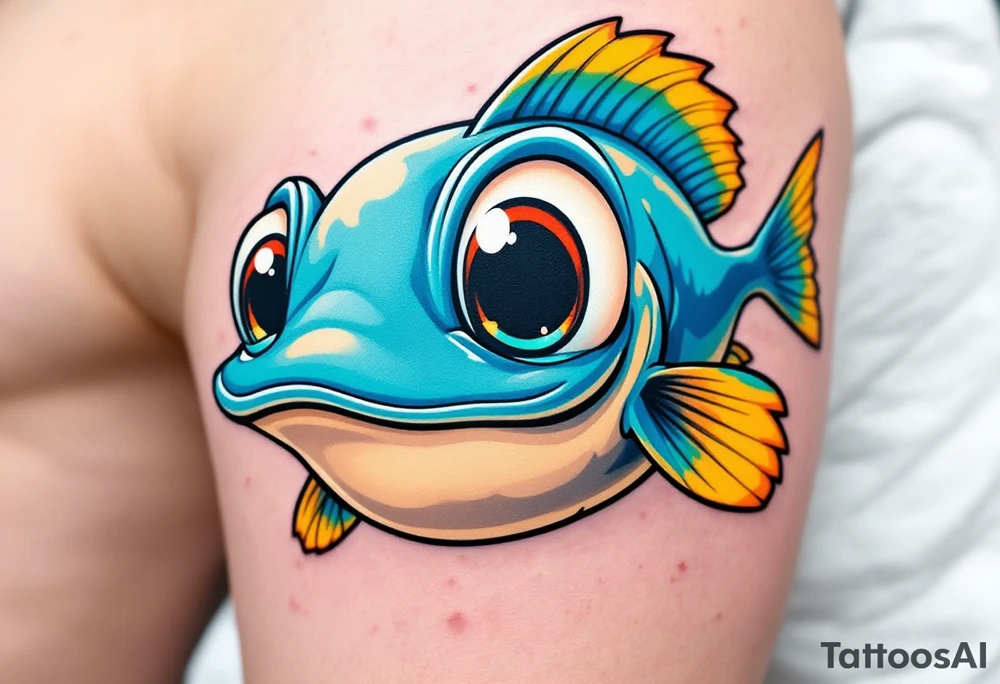 Cartoon Catfish Character – A friendly, round-bellied catfish with sky-blue body, yellow fins, and oversized, expressive eyes, ideal for a fun and playful design. tattoo idea