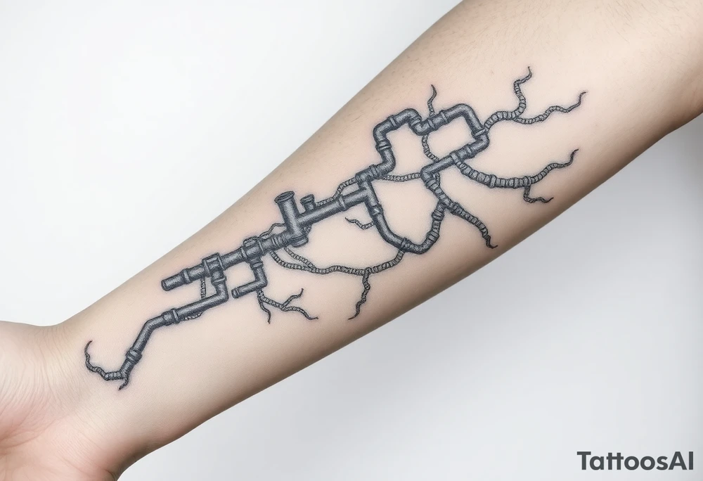 wide System of pipes that transitions and transforms at the end into thick, widespread
veins of forearm tattoo idea