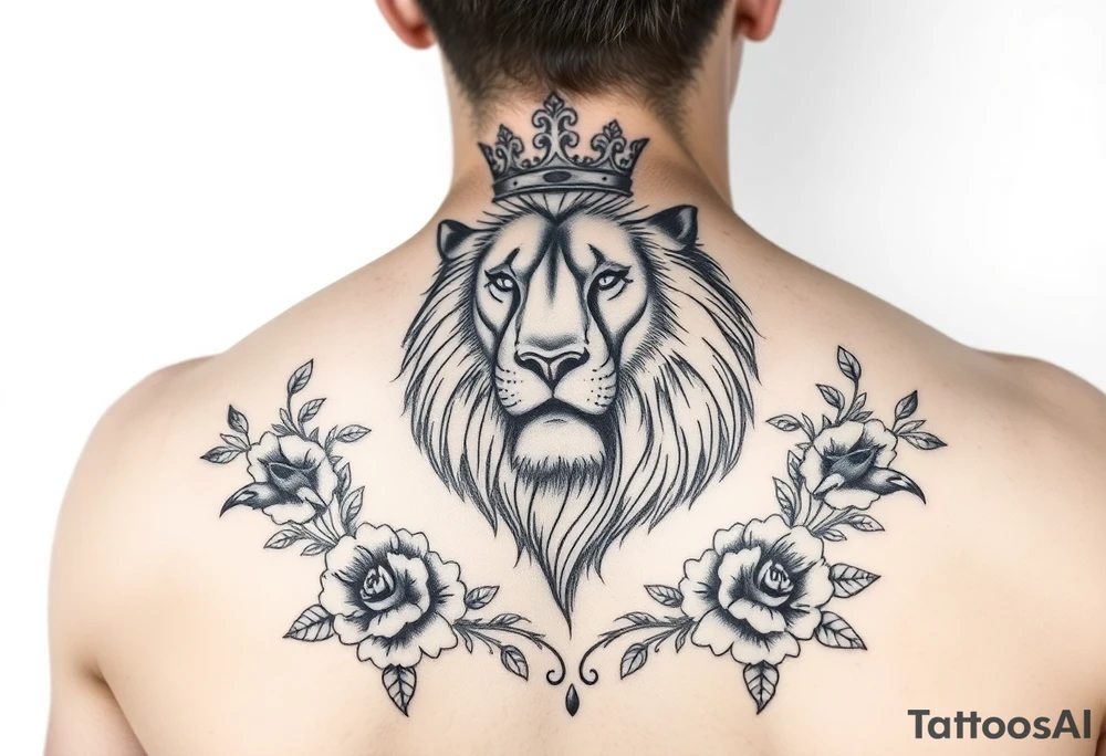 powerful majestic lion with a crown, surrounded by floral ornaments and birds tattoo idea