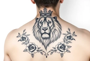 powerful majestic lion with a crown, surrounded by floral ornaments and birds tattoo idea