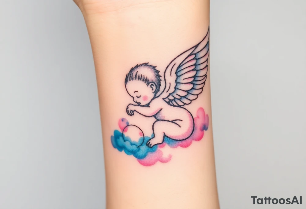 Winged baby, blue and pink watercolor, clouds tattoo idea