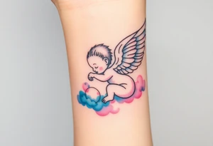 Winged baby, blue and pink watercolor, clouds tattoo idea