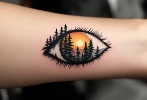 An eye silhouette containing a detailed forest landscape at sunrise, realistic shading, warm colors for the light, blackwork for the forest. tattoo idea