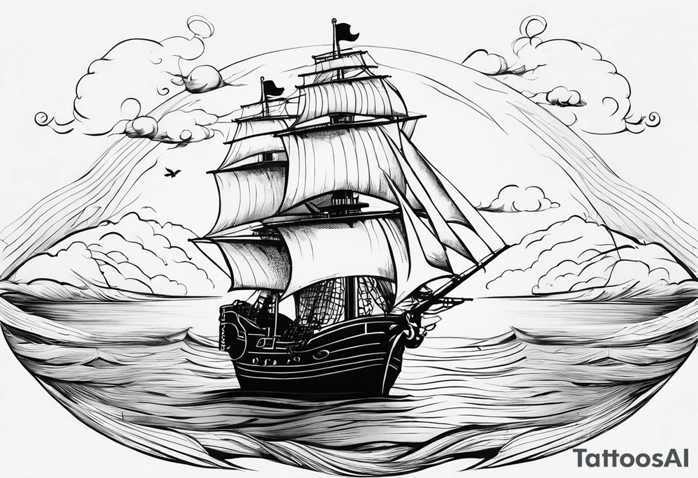 I have already a sleeve tattoo that the theme is about sea in my shoulder I have one pirate woman and I want you to create a tattoo on the chest that us connected with the woman key words is pirates ,sea ,captain tattoo idea