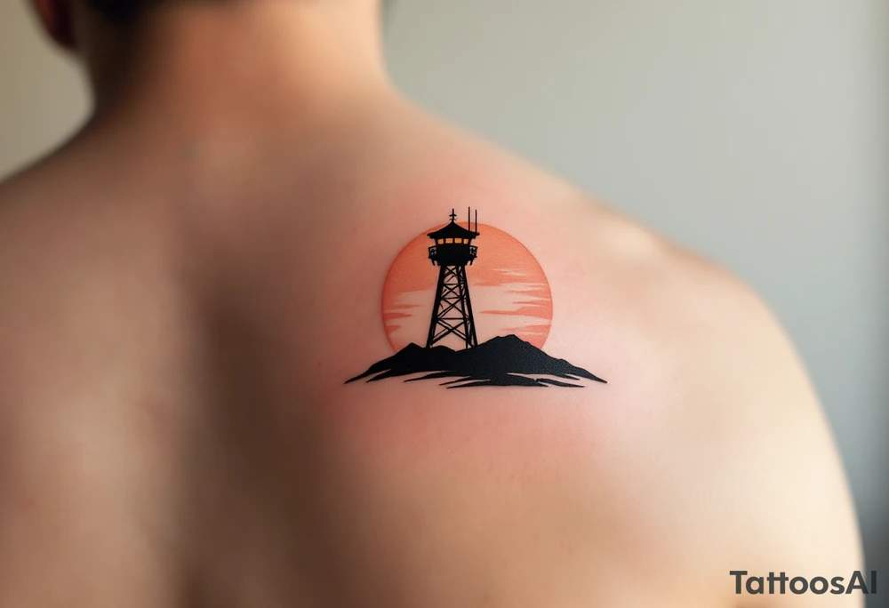 Watchtower Silhouette – Black minimalist structure on a hill, with subtle orange-pink sunrise behind. Symbol of vigilance, protection, and calm after darkness. tattoo idea