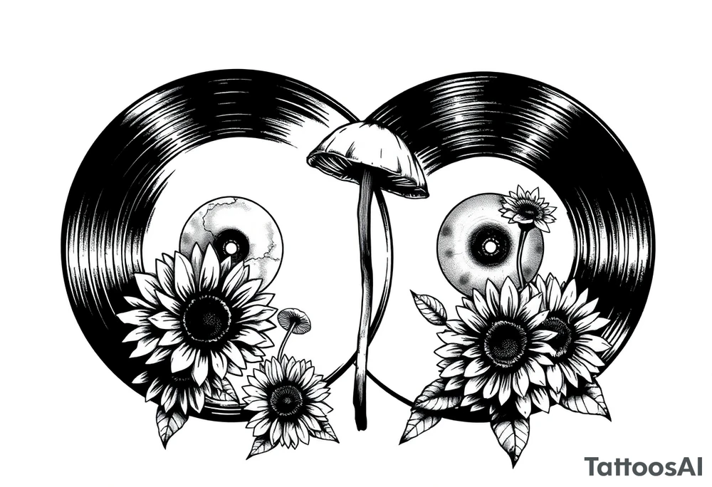 two overlapping vinyl records with mushrooms and sunflowers tattoo idea