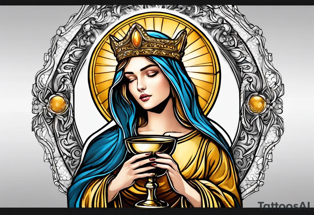 holy saint woman with golden halo holding a chalice tattoo idea