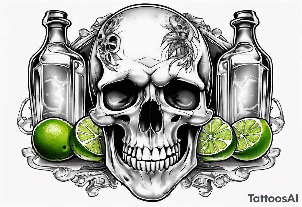 A smiling looking to the left scull inside the glass with alcohol and piece of lime tattoo idea