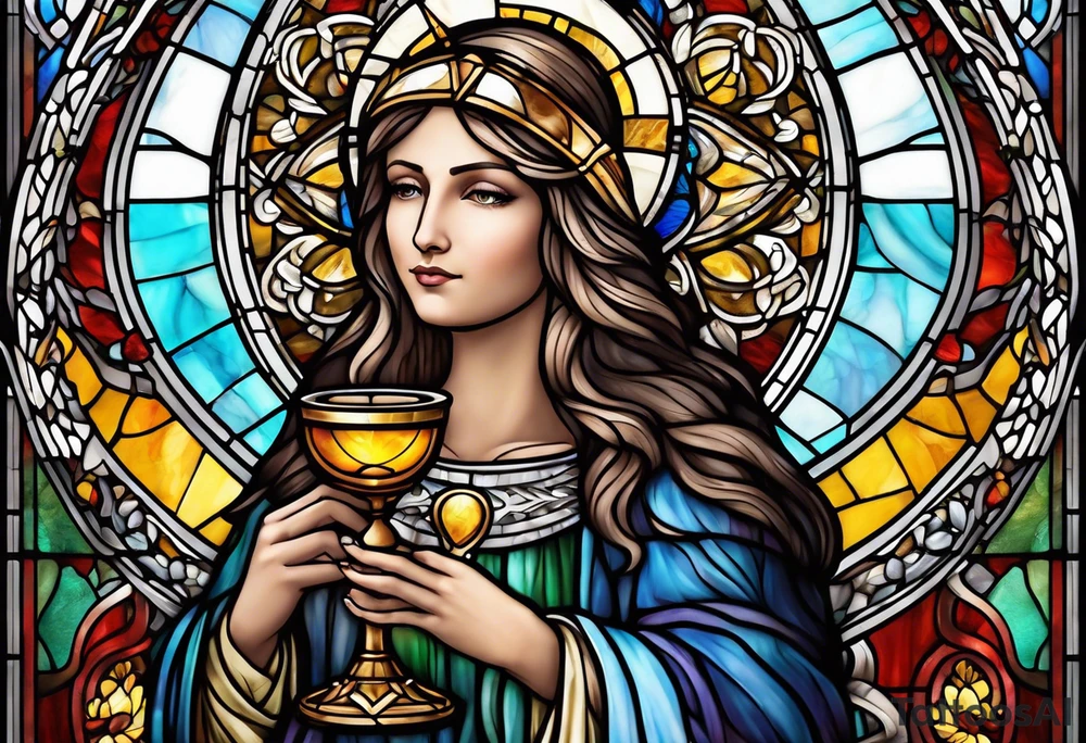 holy saint woman with halo stained glass holding a chalice tattoo idea
