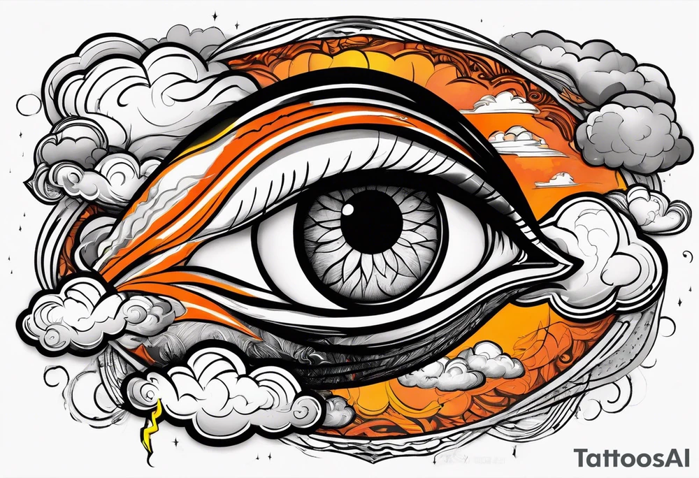 simple eyeball in dark stormy clouds with orange lightning coming from the clouds tattoo idea