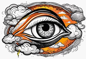 simple eyeball in dark stormy clouds with orange lightning coming from the clouds tattoo idea