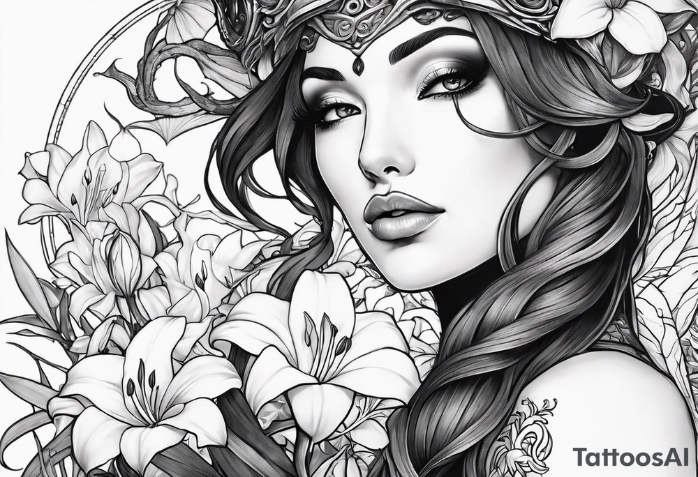 a side view of lilith holding a serpent and surrounded by lilies tattoo idea