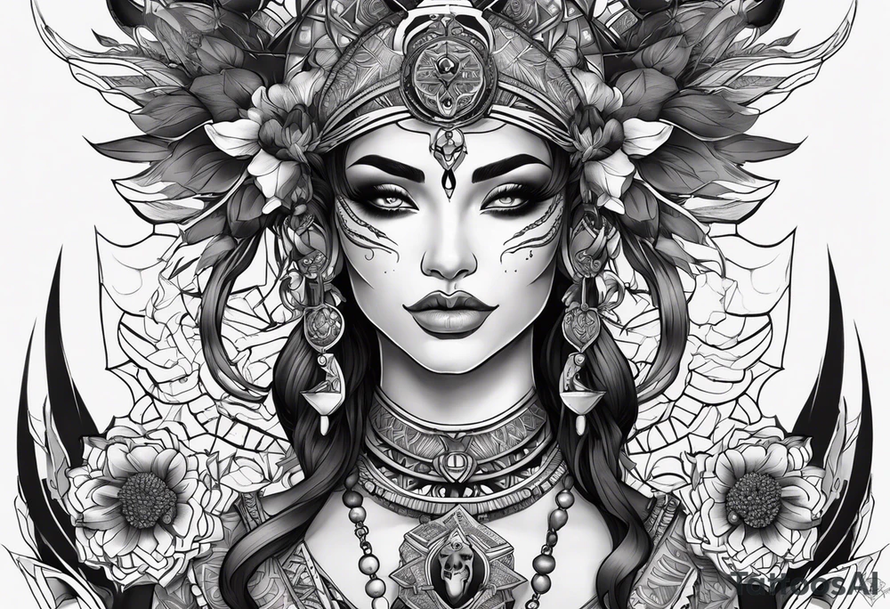kali ma, alien goddess, valkrye, aries, pirate, divine feminine, zenza resonance, pachamama, lotus azul, blank panther, eagle, skull, 5D, nueva gaya, dna 12, left side chest tatoo tattoo idea