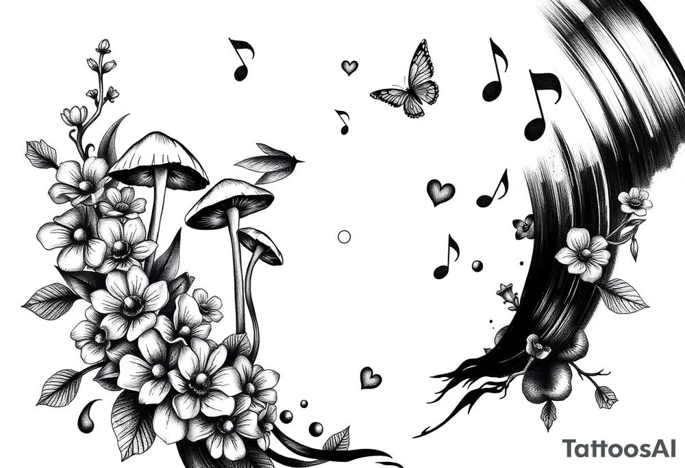 vinyl record with mushrooms, flowers, hearts, and music notes tattoo idea