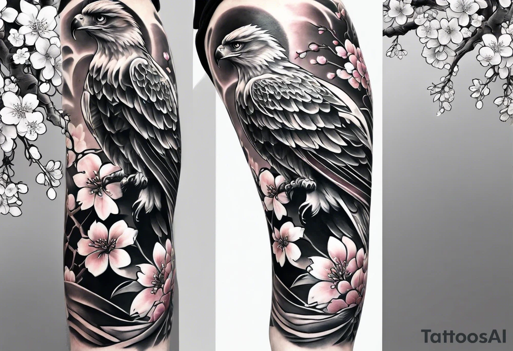traditional style
full leg sleeve with one hawk and cherry blossoms tattoo idea