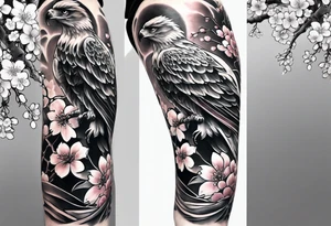traditional style
full leg sleeve with one hawk and cherry blossoms tattoo idea