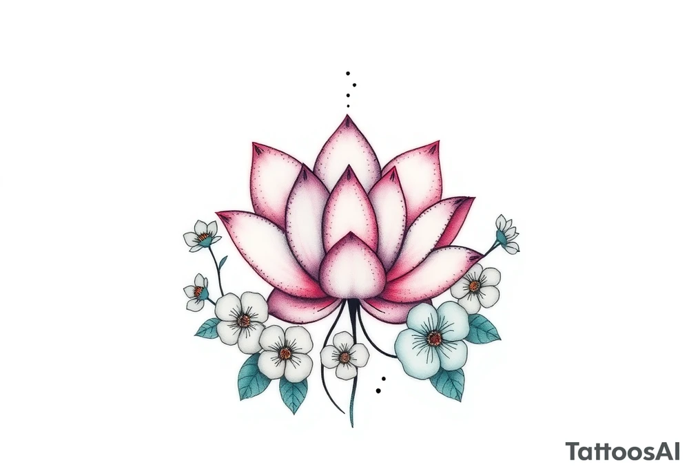 Lotus flower surrounded by forget me nots and peonies tattoo idea