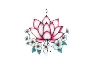 Lotus flower surrounded by forget me nots and peonies tattoo idea