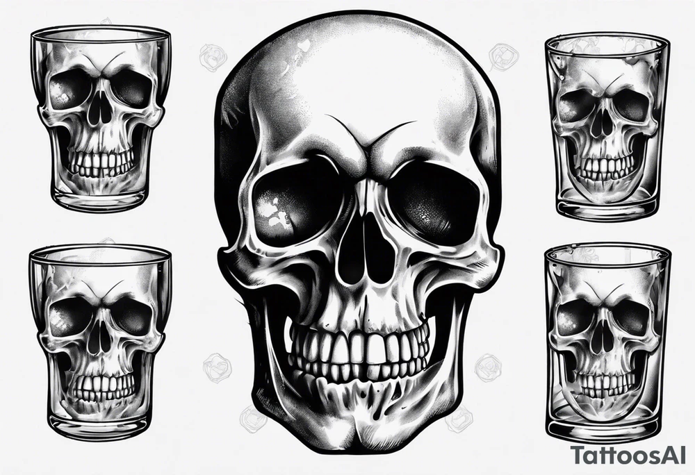 A smiling looking to the left scull inside the glass with alcohol and piece of lime tattoo idea