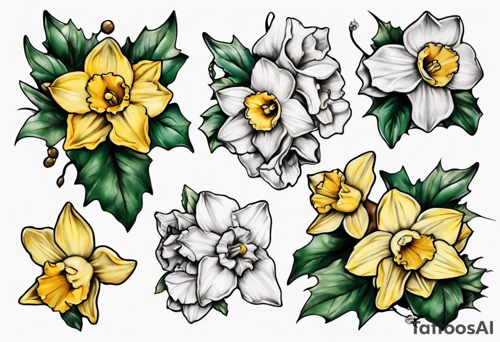 OAKLEE with Narcissus and holly flowers tattoo idea