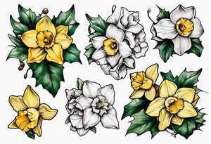OAKLEE with Narcissus and holly flowers tattoo idea