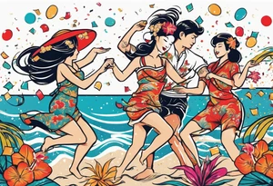 vintage beach dance party with music and confetti, tropical drinks tattoo idea