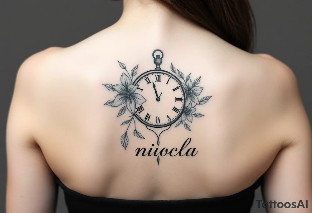 Fine line tattoo with March birth flower, a clock with the time 2pm and name nicola tattoo idea