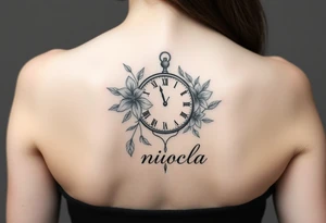 Fine line tattoo with March birth flower, a clock with the time 2pm and name nicola tattoo idea