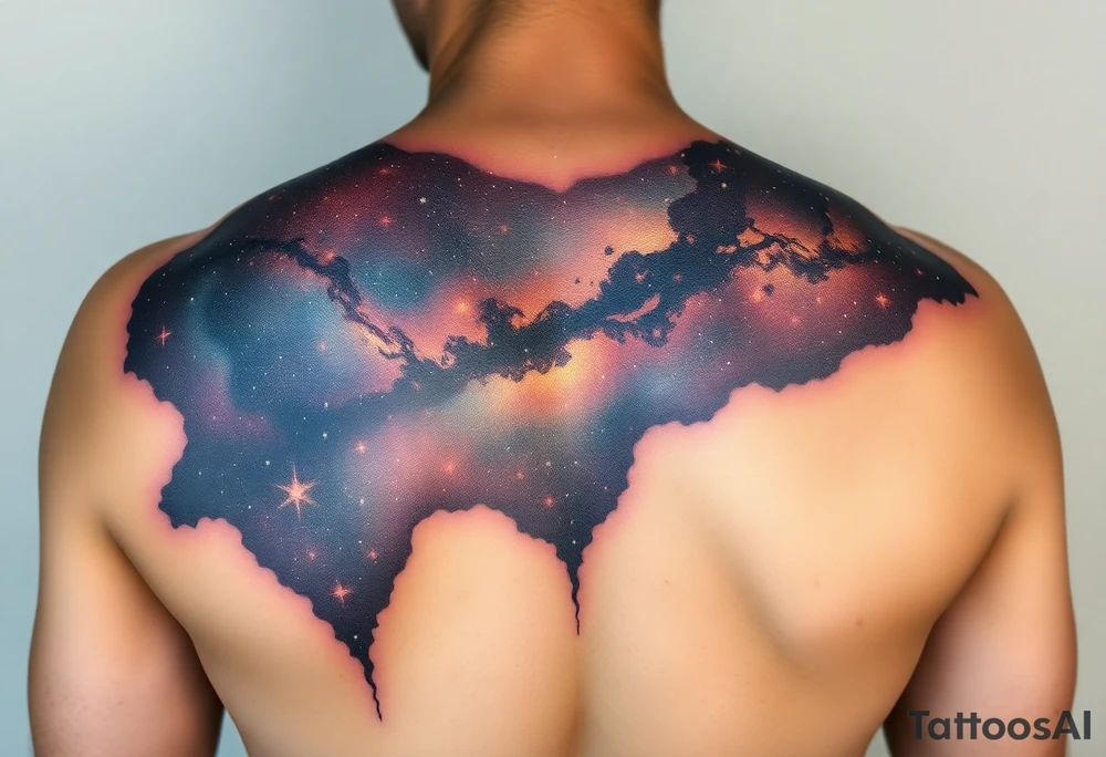 Beautiful and epic 3d milky way that appears to be what is beneath the skin. Make it drape over the shoulder and move to the middle back. use negative spaces to create stars and dust. Incorporate God breathing life into the universe. IKeep it symmetrical tattoo idea