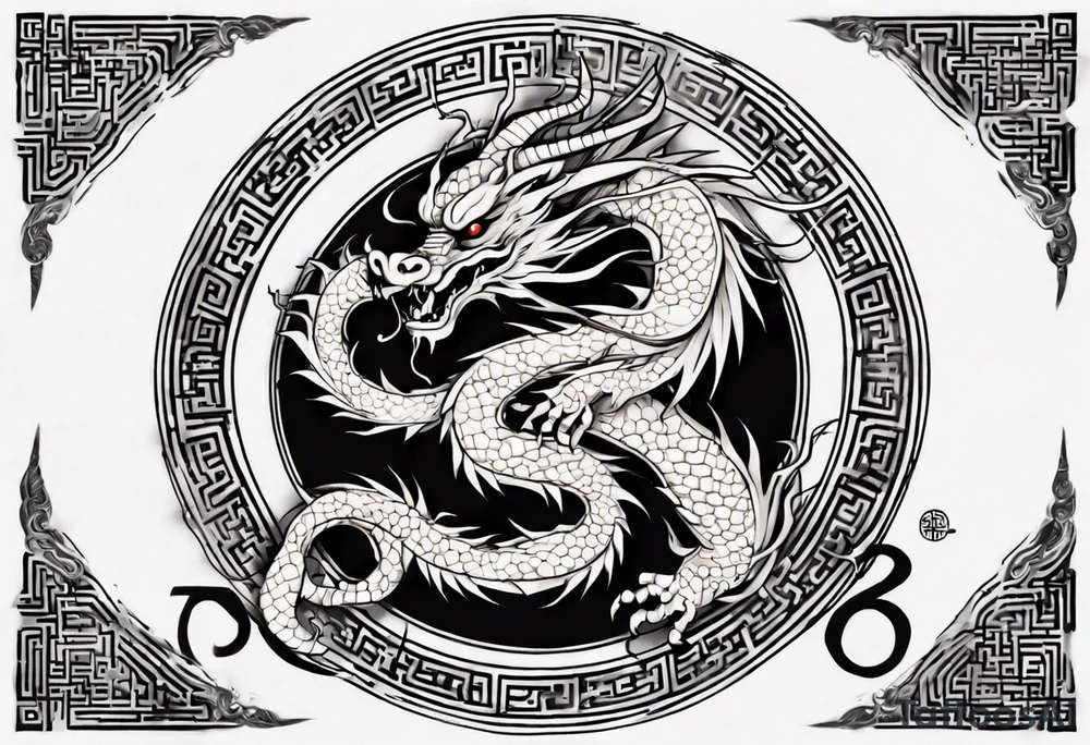Chinese dragon in a circular shape with "02.03" written on its skin tattoo idea