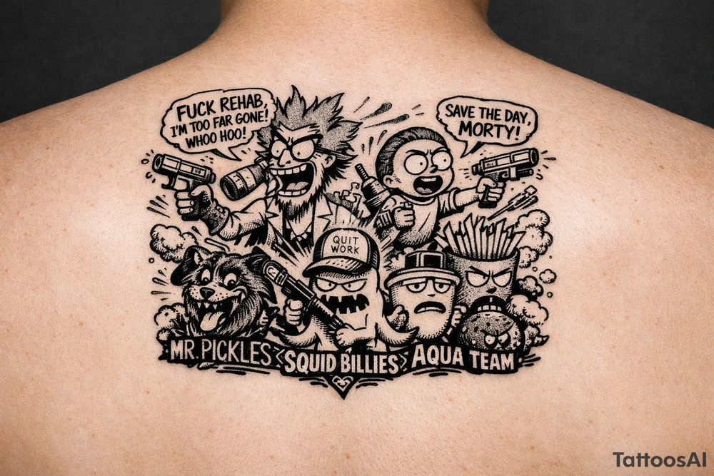 Squanch Rick drinking and shooting things and morty being reckless save the day morty , squanch fuck rehad I'm too far gone! Whoo hoo , Mr pickles and squid billies with aqua team hunger force tattoo idea