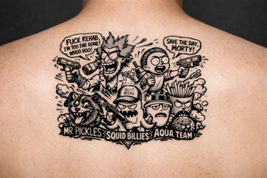 Squanch Rick drinking and shooting things and morty being reckless save the day morty , squanch fuck rehad I'm too far gone! Whoo hoo , Mr pickles and squid billies with aqua team hunger force tattoo idea