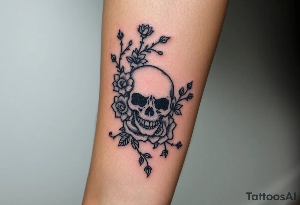 gothic skull intertwined with climbing roses and thorny vines tattoo idea