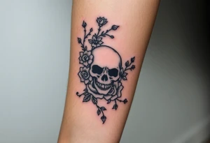 gothic skull intertwined with climbing roses and thorny vines tattoo idea
