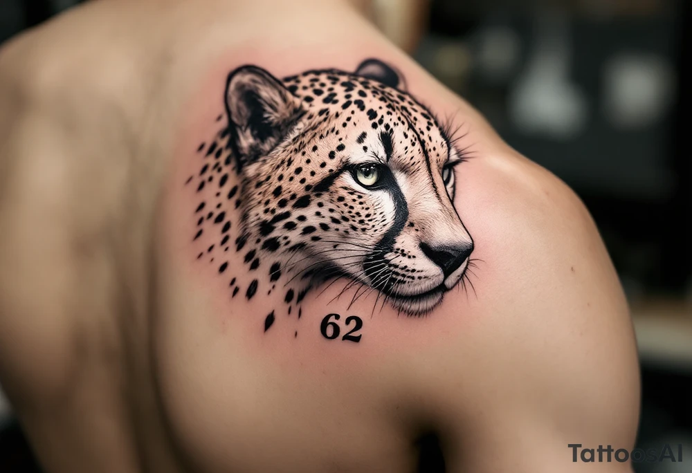 cheetah with the number 62 incorporated in its fur tattoo idea