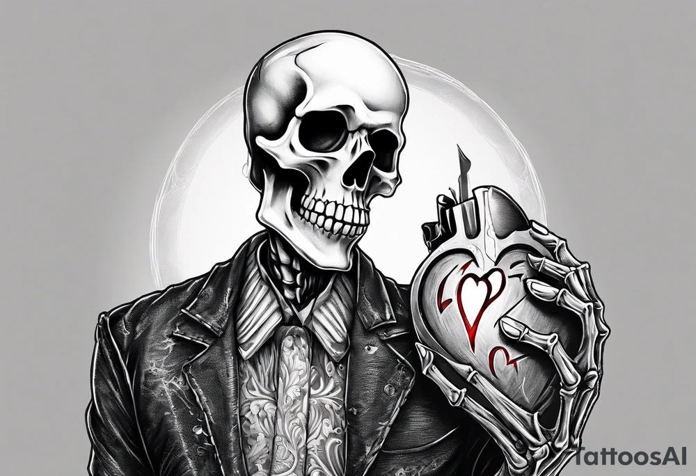depressed skeleton holding his heart in his hand with a knife through the heart tattoo idea