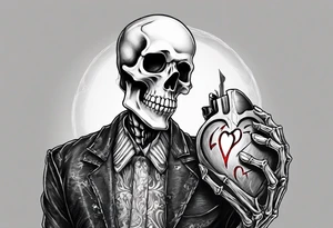 depressed skeleton holding his heart in his hand with a knife through the heart tattoo idea
