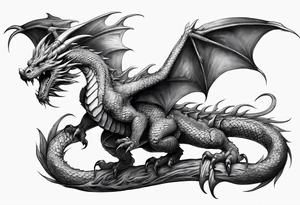full body dragon perched with all 4 claws grabbing a pole and facing forward tattoo idea