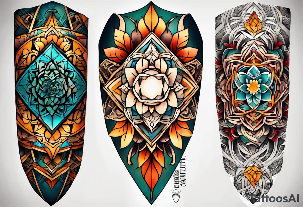 front knee tattoo with sacred geometry, swirls & washes, background and in fall colors tattoo idea