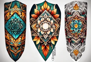 front knee tattoo with sacred geometry, swirls & washes, background and in fall colors tattoo idea