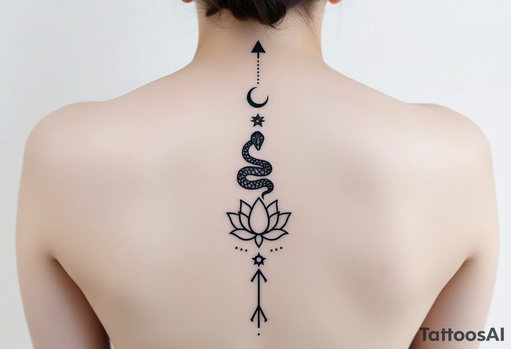 Ultra-high-definition, 
 
Tattoo Description (Very Important)

A fine-line black ink vertical spine tattoo, perfectly centered and symmetrical, running from upper back to lower back:

At the top (just below the neck):
A small upward-pointing arrowhead, minimal and sharp.

Below it:
A crescent moon, thin and elegant, facing upward.

Beneath the moon:
A small star / celestial cross with delicate points.

Below that:
A coiled viper, minimalistic and clean, facing upward, compact coils (tattoo-friendly, not aggressive).

Below the snake:
Another small celestial star marker, aligned vertically.

Center of the back:
A detailed lotus flower, symmetrical petals, fine-line botanical style, calm and balanced.

Below the lotus:
Small ornamental dots and geometric accents, maintaining vertical flow.

At the bottom (lower back):
A final upward-pointing arrow, thin, precise, completing the vertical line.


Tattoo style: fine-line, minimalist, sacred geometry / celestial, crisp edges, high clarity, no blur.


---

Quality & Output Settings

Resolution: Ultra HD / poster-print quality

Sharp focus across entire back and tattoo

Natural skin texture preserved

No distortion, no fantasy elements

Clean, elegant, gallery-ready realism tattoo idea