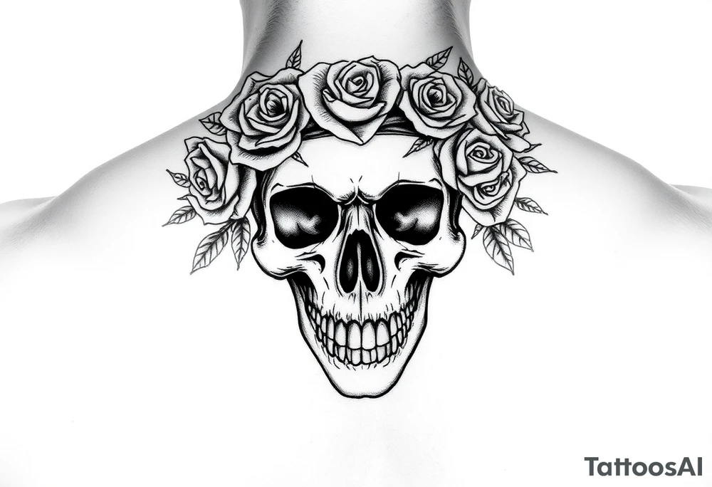 ornate skull adorned with crown of wild roses and thorns tattoo idea