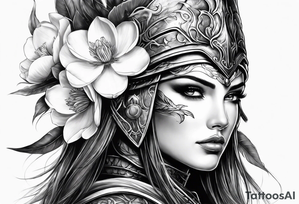 female warrior face with magnolias tattoo idea