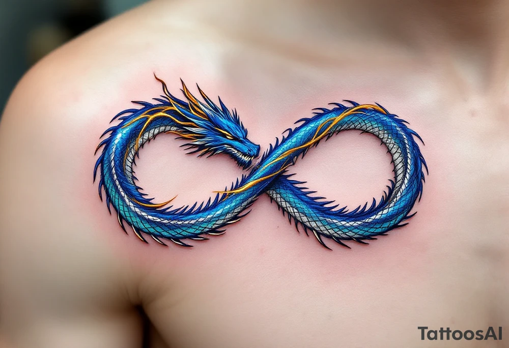 A fierce yet elegant dragon in shimmering deep sapphire blue, its body coiling into an infinity shape, symbolizing eternal love and strength. Its scales glisten with hints of silver and teal, reflecting light like liquid metal. Delicate wisps of smoke and golden fire emerge from its mouth, intertwining like dancing flames. tattoo idea