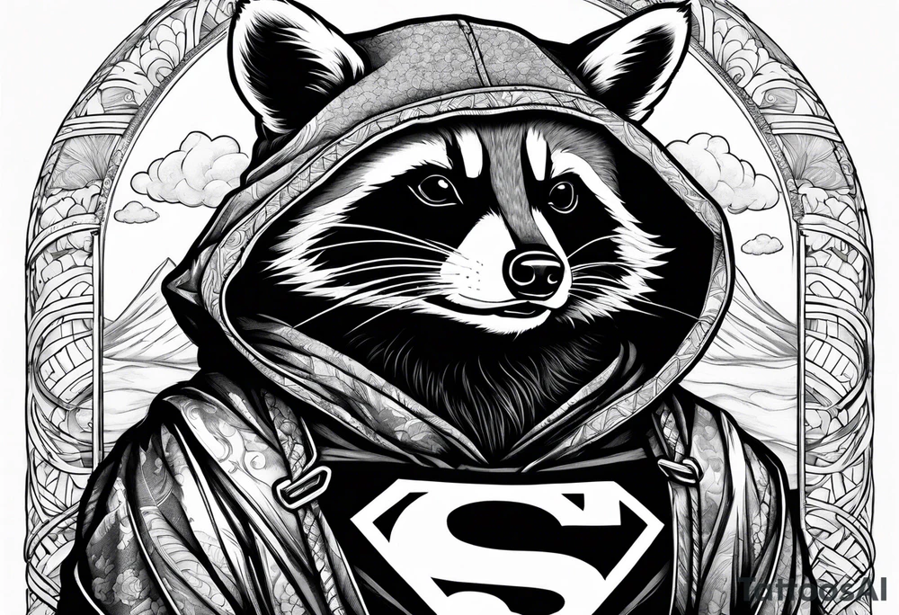 raccoon wearing a Superman hoodie tattoo idea