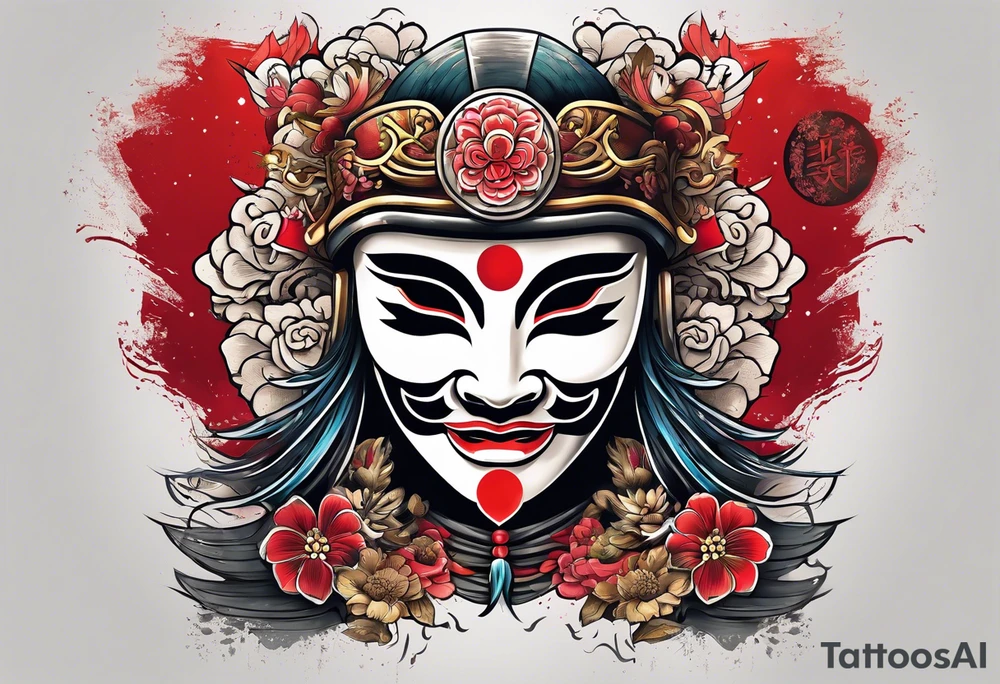 some Japanese symbols meaning love or peace and a Japanese style mask or helmet with sword tattoo idea