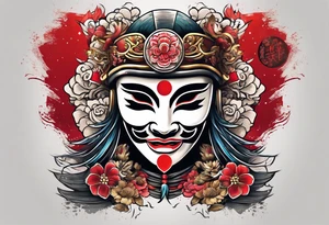 some Japanese symbols meaning love or peace and a Japanese style mask or helmet with sword tattoo idea