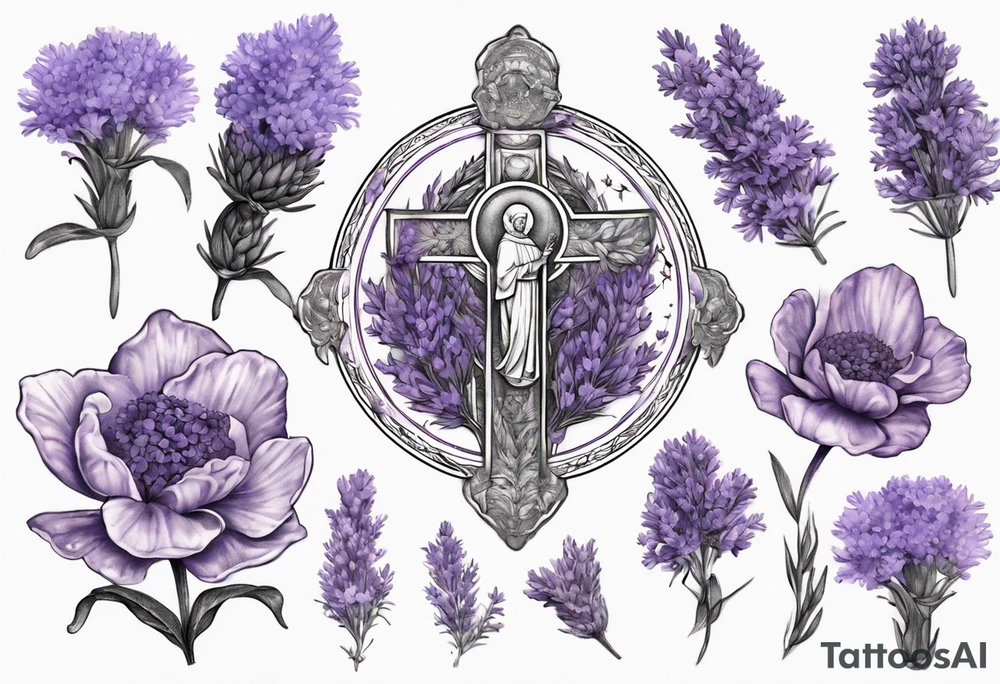 Double exposure of lavender flowers with the Saint Benedict medal, for a tattoo tattoo idea
