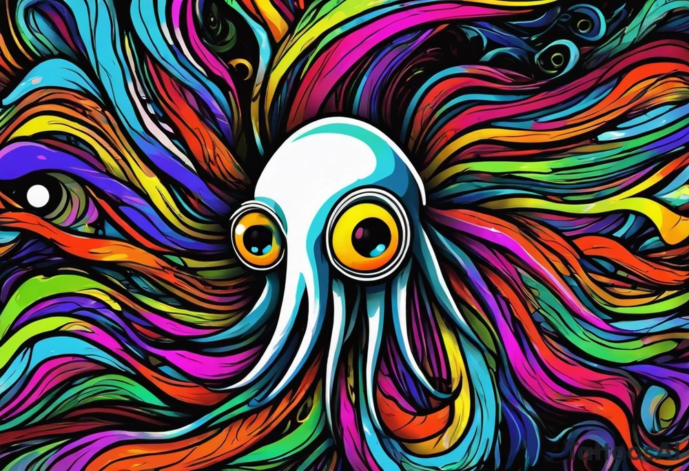The equivalent of a horror and bizarre squid avatar. This avatar is made up of colorful, twisting and intersecting lines, making it look very wild and chaotic. The eyes of the squid are particularly prominent, one of them is white and the other is black, the overall expression is crazy and intense, with some distressed or damaged texture effects. tattoo idea