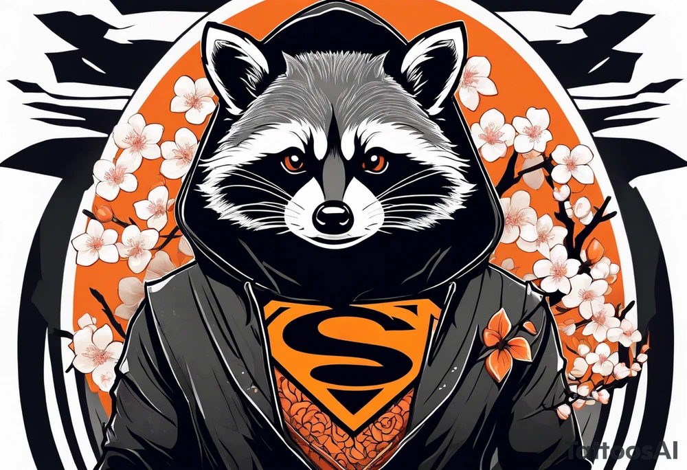 Raccoon wearing a white Superman logo on a black hoodie and orange Japanese cherry blossoms beside tattoo idea
